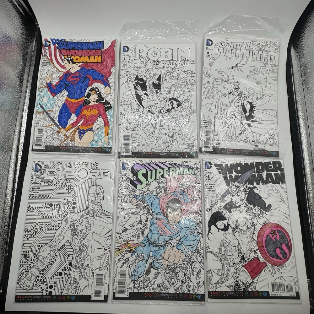 SET OF 6 DC ADULT COLORING BOOK VARIANTS SUPERMAN CYBORG ROBIN BATMAN WONDER
